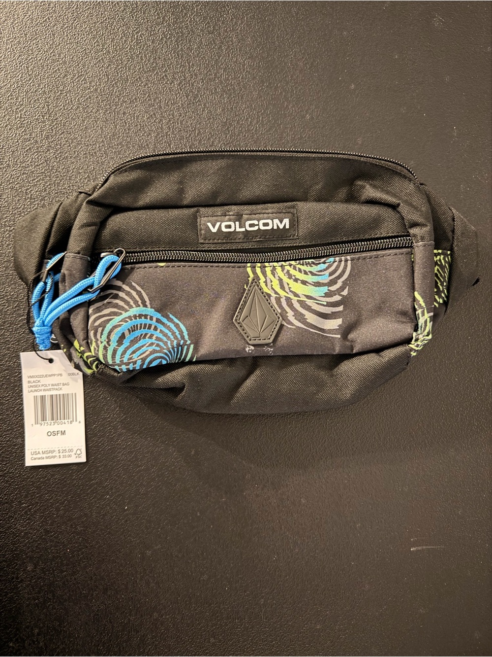 Volcom Black Launch Waist Pack With Blue and Lime Swirl Accents